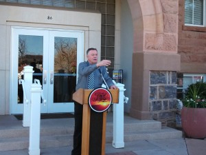 St. George Mayor Daniel McArthur addresses the crows gathered in front of the Community Arts Center, St. George, Utah, Feb. 28, 2013 | Photo by Mori Kessler, St. George News