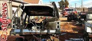 Vehicle after it caught on fire in the back lot of Dixe 4 Wheel Drive, St. George, Utah, Jan. 21, 2014 | Photo by Drew Allred, St. George News