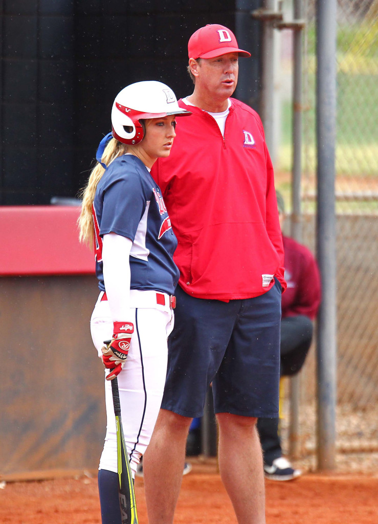 Red Storm head coach Randy Simkins discusses strategy with Autumn Woodfall, Dixie State University vs. Azusa Pacific University, Softball, St. George, Utah, Apr. 25, 2015 | Photo by Robert Hoppie, ASPpix.com, St. George News