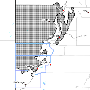 Dots denote areas subject to hard freeze warning, radar time 2:55 p.m., April 26, 2015 | Image courtesy of National Weather Service, St. George News