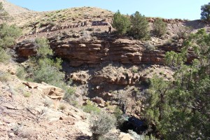 Vehicle at the bottom of ravine near Toquerville Falls; crash involved one fatality and one survivor, Toquerville area, Utah, June 8, 2015 | Photo by Sheldon Demke, St. George News