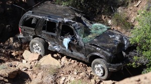 Vehicle at the bottom of ravine near Toquerville Falls; crash involved one fatality and one survivor, Toquerville area, Utah, June 8, 2015 | Photo by Sheldon Demke, St. George News
