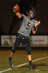 Nick Warmly (5) makes a pass for the Thunder, Desert Hills vs. Foothill Nev., Football, St. George, Utah, Aug. 28, 2015, | Photo by Robert Hoppie, ASPpix.com, St. George News