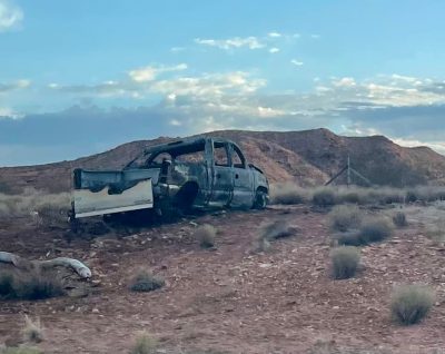 A pickup truck that caught fire Sunday morning sits on the side of SR-18, St. George, Utah, June 26, 2022 | Photo courtesy of David Zeckhausen, St. George News