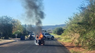 An unattended motorcycle is seen on the roadway in Ivins, Utah, Oct. 17, 2022 | Photo courtesy of Andrew Parker, George News 