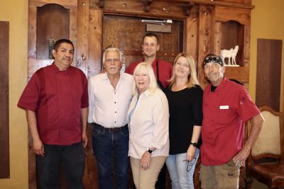 (L-R) Chef Edgar Lopez, co-owners Cindy and George Rodinos, Alvin Triplet, Ricki Triplet and Timmy Pendergrass pose inside Balcony One, Virgin Utah, September 28, 2022 | Photo by Jessi Bang, St. George News