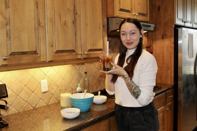 The Desert Teahouse owner Ariel Faber puts together a boba drink in her home kitchen in Santa Clara, Utah on Feb. 9, 2023 | Photo by Jessi Bang, St. George News