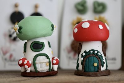 Mushroom houses made from polymer clay by Meadow Pond Creations sit on a shelf in St. George, Utah, April 10, 2023 | Photo by Jessi Bang, St. George News