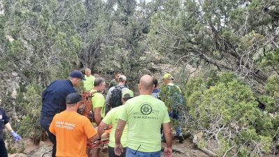 First responders assist a biker who fell on Wire Mesa Trail near Springdale, Utah, May 13, 2023 | Photo via Washington County Sheriff's Office Facebook page, St. George News