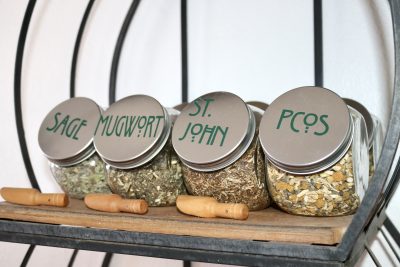 A variety of herbal blends sit on a shelf inside SeaMara's V-Spa in Washington City, Utah, July 5, 2023 | Photo by Jessi Bang, St. George News