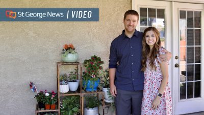 Adam and Nikky Frogley smile together next to their outdoor plants at their home in Washington City, Utah, June 27, 2023 | Photo by Jessi Bang, St. George News