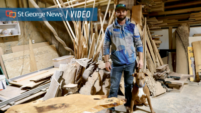 Ianthus Barlow and his dog Scooby Doo stand inside the workshop for IB Woodworks in Colorado City, Arizona, Jan. 15, 2024 | Photo by Jessi Bang, St. George News