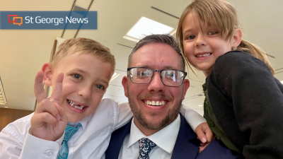 Korey Jepson smiles for the camera with his two kids, location and date not specified | Photo courtesy of Korey Jepson, St. George News