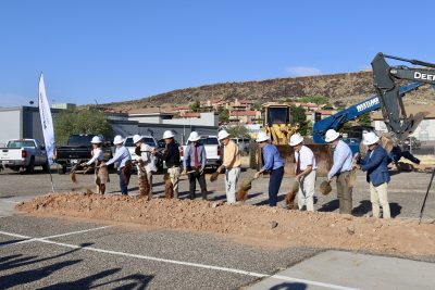 Speakers from the St. George Musical Theater groundbreaking ceremony turn over dirt to celebrate the building of a brand new performing arts venue, St. George, Utah, July 18, 2024 | Photo by Jessi Bang, St. George News