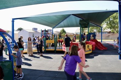 Students, parents and donors celebrate the official opening of Little Valley Elementary's new all-inclusive playground, St. George, Utah, Aug. 1, 2024 | Photo by Jessi Bang, St. George News